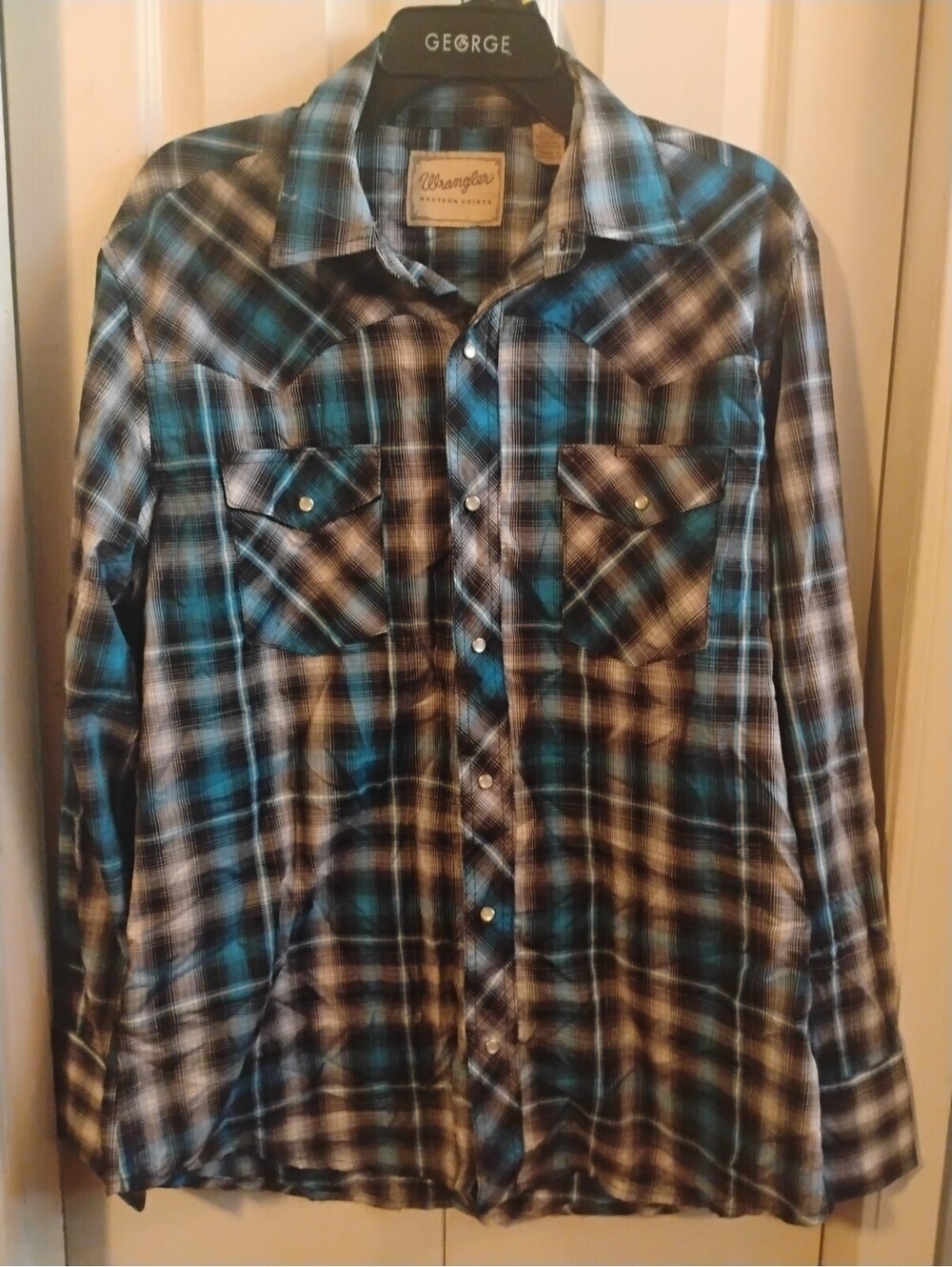 Wrangler Western Shirt Blue Black Plaid Pearl Snap Long Sleeve Size L